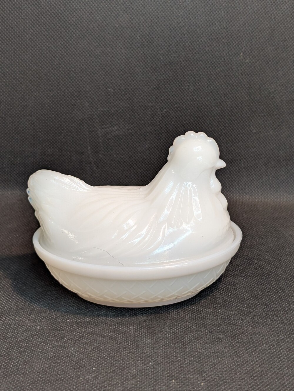 Vintage Hazel Atlas mark, Opaque Milk Glass Chicken Nesting Covered Bowl Dish